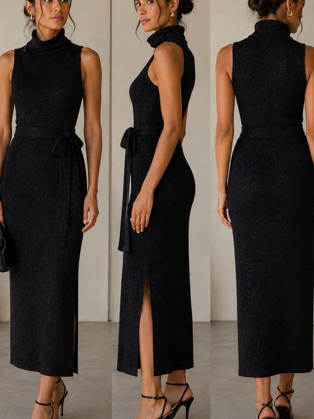 PAIGE Black Sleeveless Turtleneck Knit Midi Dress with Waist Tie